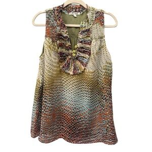 Unique Artsy Sheer Ruffle Front Blouse Frog Closure Boho Abstract Top Sz L